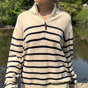 Brandy Melville Cream and Black Striped Quarter Zip Sweater